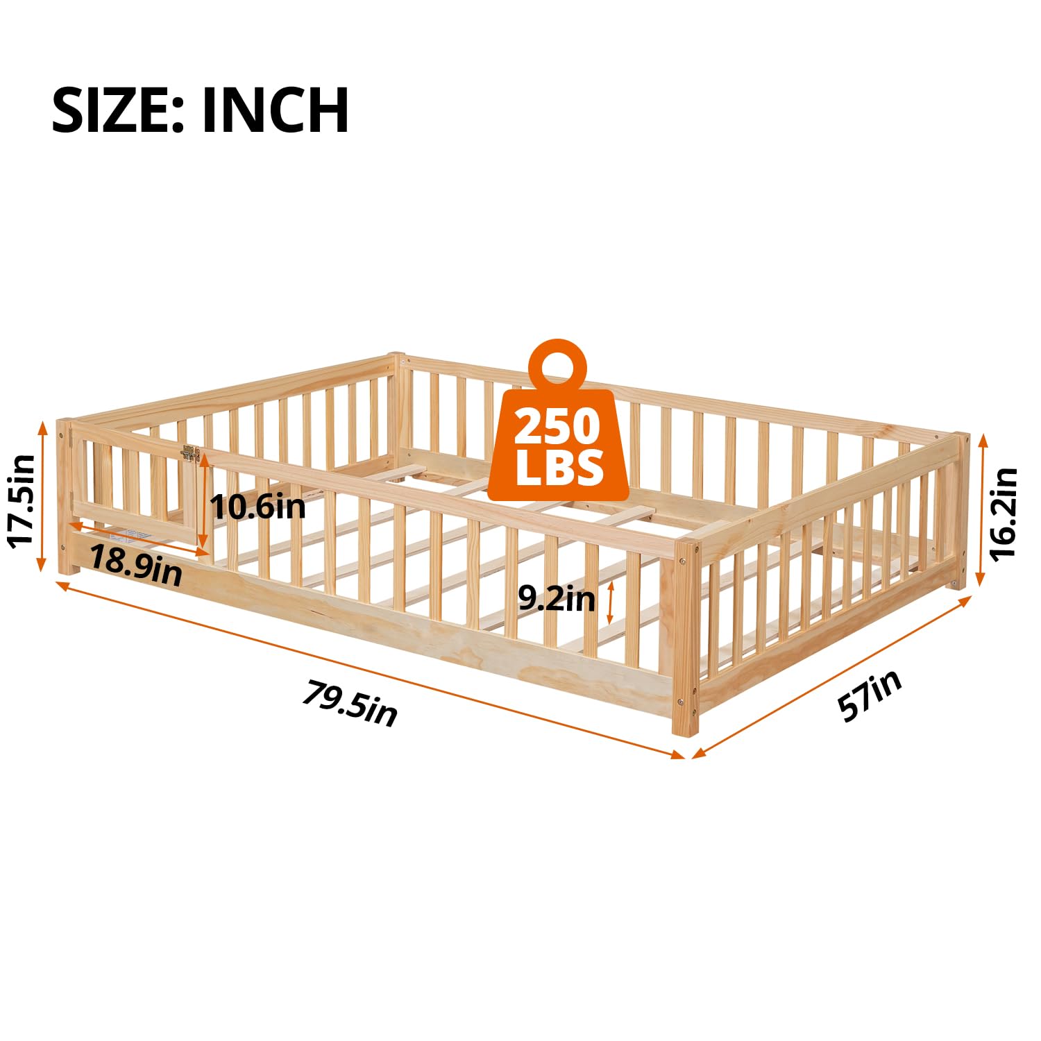 Durable Natural Montessori Full Floor Bed for Children with Safety Fence and Door - WoodArtSupply