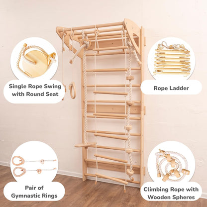 Woodandhearts Swedish Ladder for Kids with Rope Accessories - Indoor Jungle Gym, Indoor Jungle Gym for Kids Ages 6-16, Indoor Climbing Gym, Climbing Wall for Kids (Natural Wood, All Accessories)