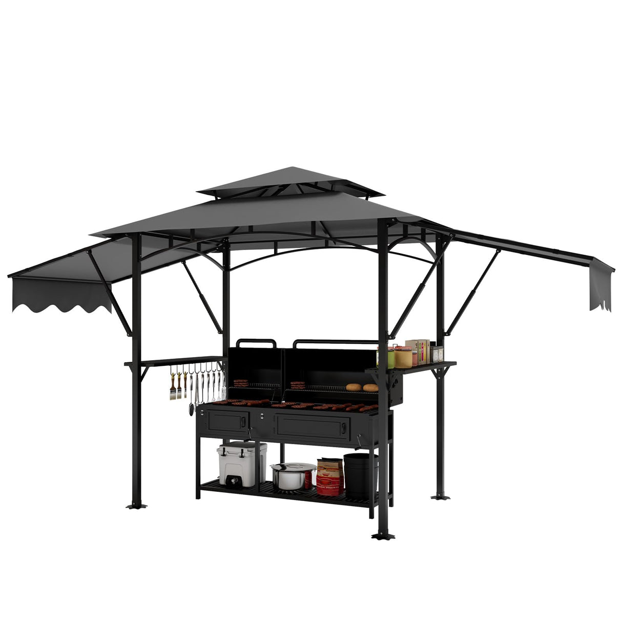 Wpond 5x8ft Grill Gazebo - Double Layer BBQ Waterproof Patio Canopy with Double-Sided Adjustable Awning, Extra Shadow, Two Side Frames, UV & Wind Protection-Grey Wpond