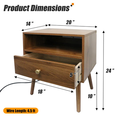 Wood Nightstand with Wireless Charging Station and Led Light - 20"W x 14"D x 24"H Mid Century Modern Nightstand with Charging Station, Walnut Nightstand with One Drawer, Outlet on Left,Solid Wood Legs