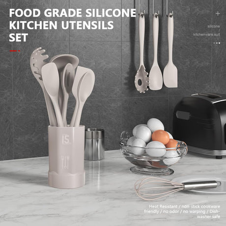Silicone Cooking Utensils Set - 446°F Heat Resistant Kitchen Utensils,Turner Tongs,Spatula,Spoon,Brush,Whisk,Kitchen Utensil Gadgets Tools Set for Nonstick Cookware,Dishwasher Safe (BPA Free) AOTHOD
