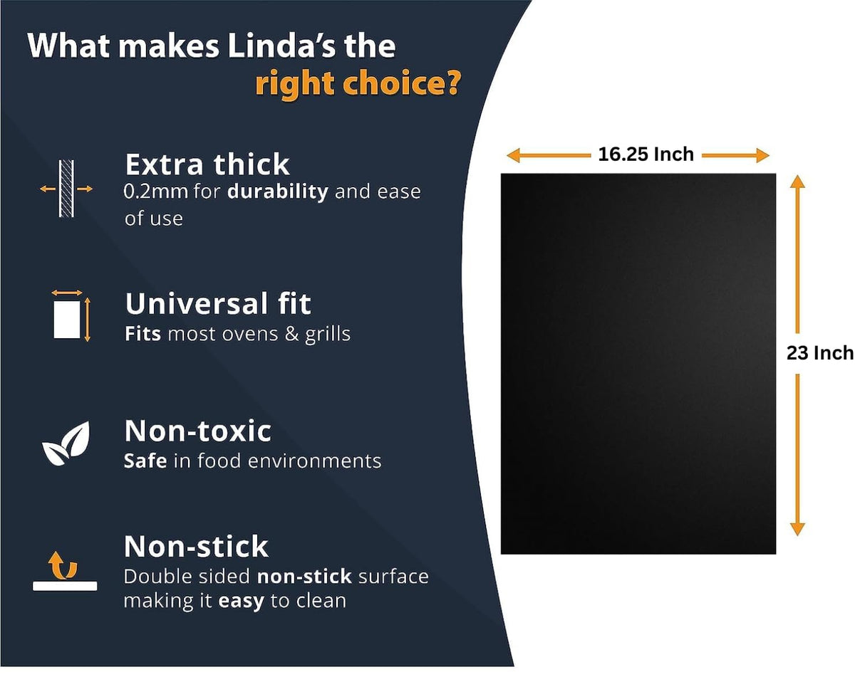 Oven Liners for Bottom of Oven - 3 Pack Large Heavy Duty Mats, 16.25”x23” Non-Stick Reusable Liner for Electric, Gas, Toaster Ovens, Grills - BPA & PFOA Free Oven Cleaning Kitchen Accessory (Black) Linda's Essentials