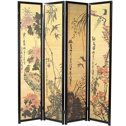 MyGift Decorative 4 Panel Folding Room Divider Bamboo Screen with Chinese Calligraphy Design, 6FT Freestanding Floral Artwork Room Partitioner with Black Wood Frame MyGift