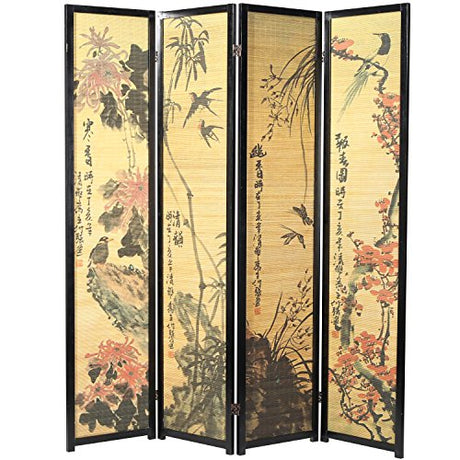 MyGift Decorative 4 Panel Folding Room Divider Bamboo Screen with Chinese Calligraphy Design, 6FT Freestanding Floral Artwork Room Partitioner with Black Wood Frame MyGift