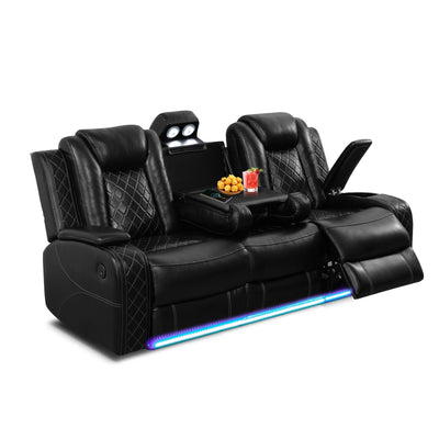 PU Leather Power Wall Hugger Chair Double Reclining Sectional Sofa 3-Seater Loveseat Couch with Reversible Coffee Table, Wireless Chargers, USB Port and Ambient LED Light for Living Room RV Theater