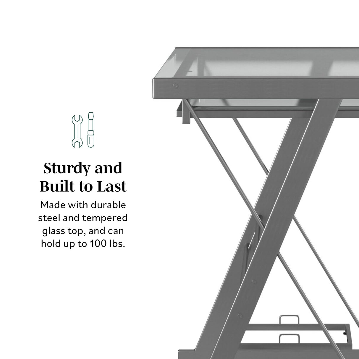 Walker Edison Metal and Glass Work From Home Laptop Computer Gaming Desk with Slide In Keyboard Tray Home Office, 31 Inch, Silver Walker Edison