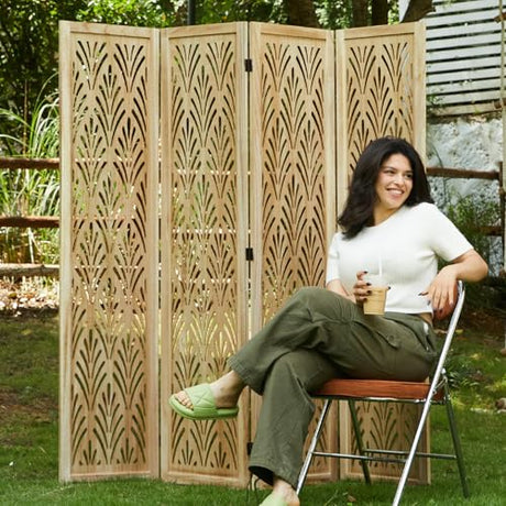 5.6Ft Room Divider Folding Wood Simple Carved Partition Screen for Home Office Garden - 4 Panels (Natural) Svimi