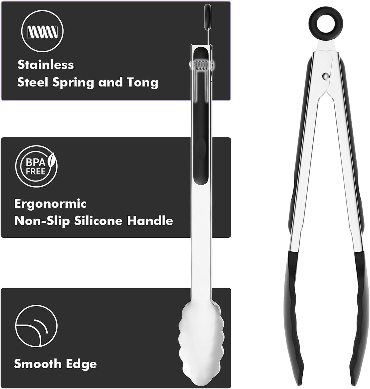 ChefAide Set of 2 Cooking Tongs,600ºF High Heat-Resistant,Kitchen Utensils,Cooking Utensils for Grill,Salad,BBQ,Frying,Baking,Serving 9/12 inches ChefAide