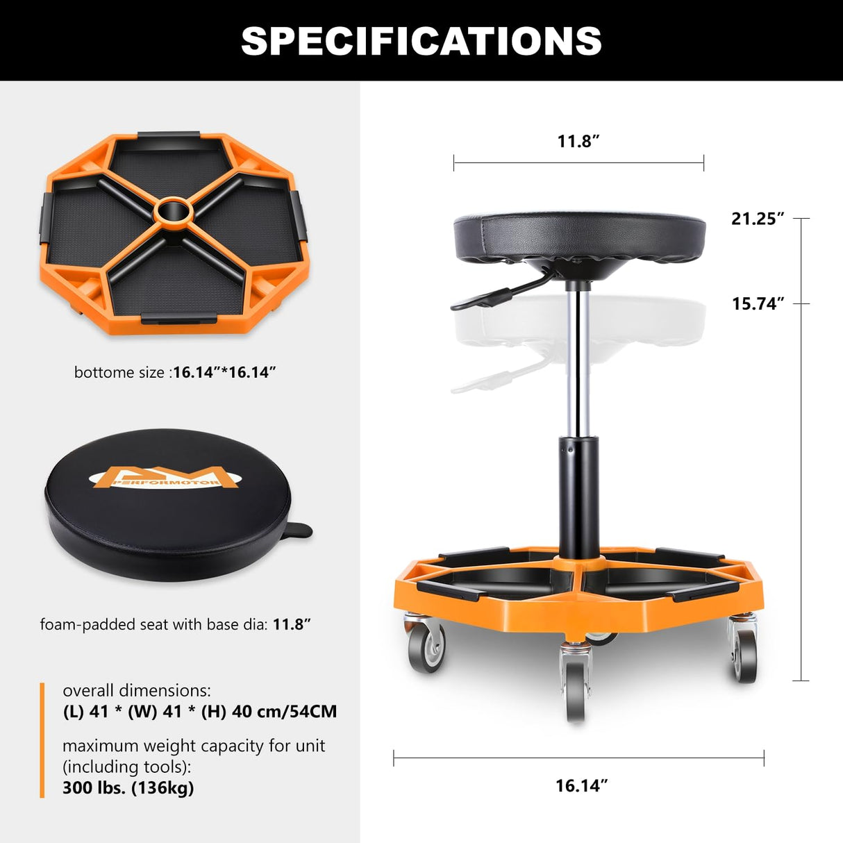 PM PERFORMOTOR Adjustable Height Pneumatic Garage Seat Rolling Mechanic Stool with Tool Tray Storage,300lbs Max Weight Capacity, Orange,PM-TOL-ATS-OG PM PERFROMOTOR