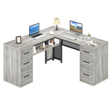 HSH Large L Shaped Desk with Storage File Cabinet，Corner L-Shaped Computer Desk with Drawers Shelves, Home Office Bedroom Metal Wood Study Writing Table Executive Workstation, Light Grey Oak, 59 Inch HSH