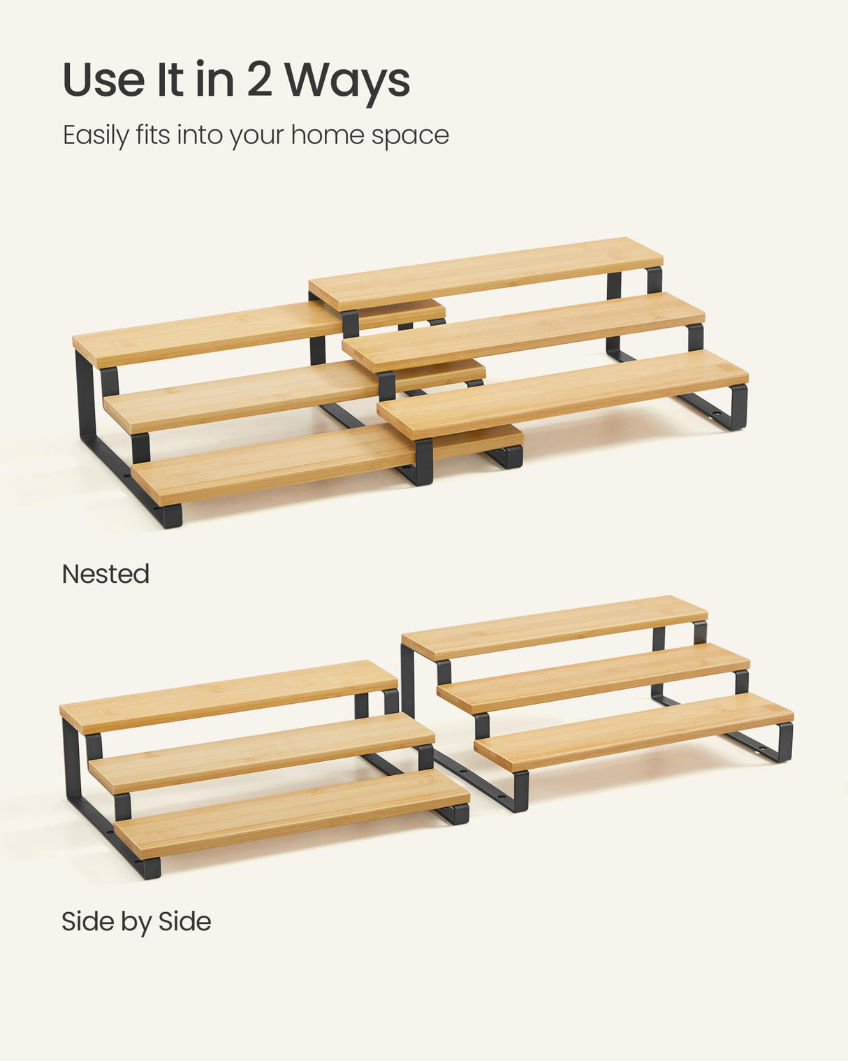 SONGMICS Display Risers, Set of 2 Engineered Wood Perfume Organizer Stand, 3-Tier Cupcake Stand Holder, Spice Rack, Shelf Risers for Figures, Dessert Shelves, Natural Beige and Ink Black UKCS016N01 SONGMICS