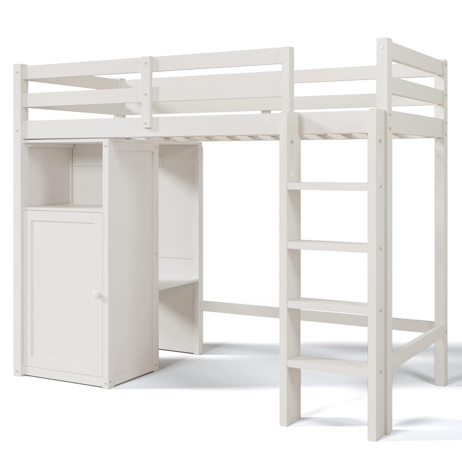 Merax Twin Loft Bed with Storage Cabinet, Shelves, and Open Wardrobe in White - WoodArtSupply