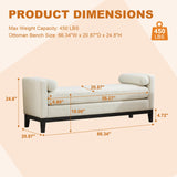 66.34 Inch End of Bed Bench, Upholstered Bedroom Ottoman Bench with Wood Legs, Elegant Ottoman with Bolster Pillows, Soft Fabric, for Living Room, Bedroom, End of Bed - Ivory WCFI