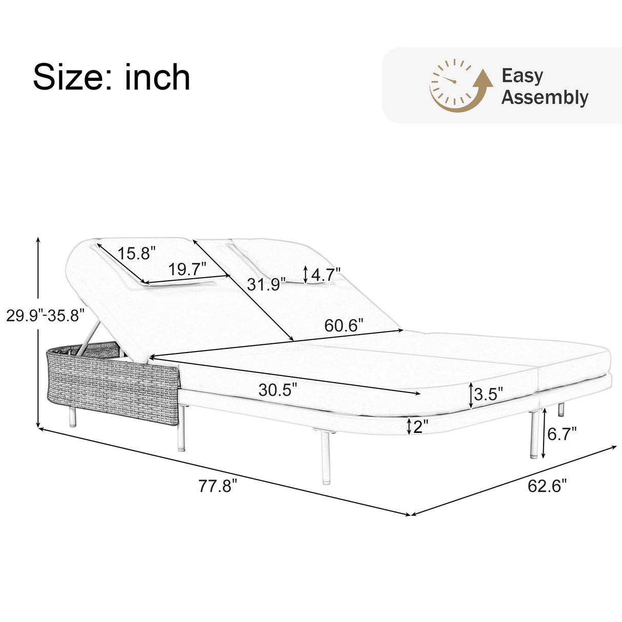 Merax Outdoor Daybed,Patio Rattan Daybed with Adjustable Backrest,Patio Wicker Loveseat Lounger,Outdoor Bed Loveseat Sofa Set with Pillows and Cushions for Garden, Backyard, Poolside,Black+Beige Merax