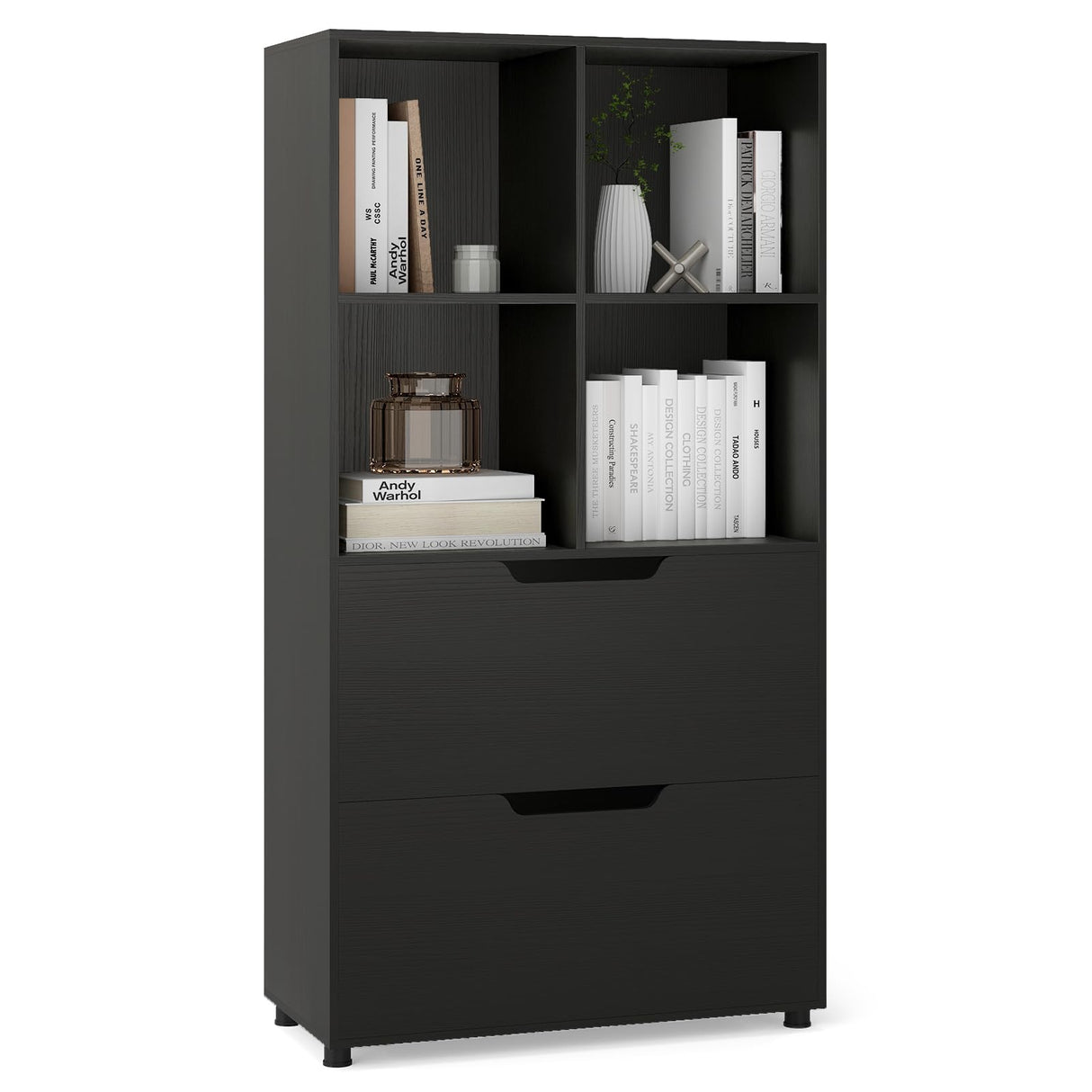 Giantex Bookcase with 2 Drawers, 51” Tall Floor Bookshelf w/4 Cubes, Anti-tip Kits, Freestanding Display Rack, Cubby Storage Organizer for Study, Living Room, Home Office, Black Giantex