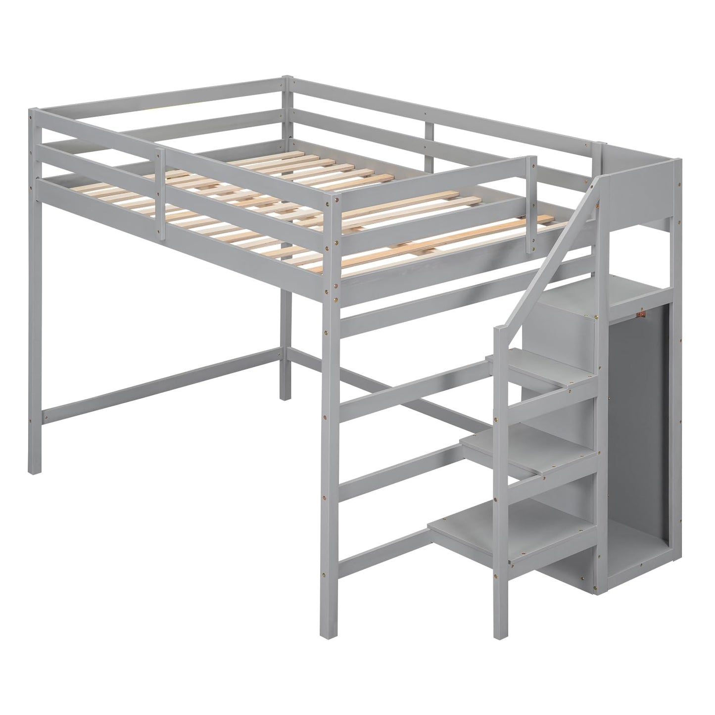 Harper & Bright Designs Grey Full Loft Bed with Staircase, Wardrobe, and Storage Shelf for Kids and Teens - WoodArtSupply