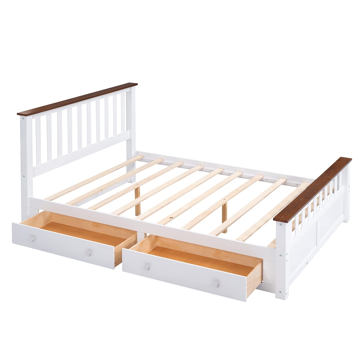 Merax Modern Farmhouse Queen Platform Bed Frame with Hidden Drawers in White and Walnut - WoodArtSupply