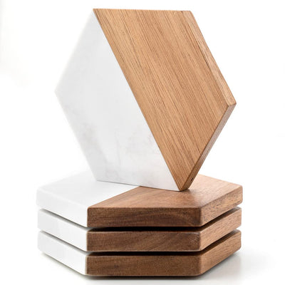 Wood Marble Coasters for Drinks, Modern Rustic Acacia Hexagon Coasters Set Decorative Coasters Bar Coasters for Living Room Coffee Wooden Table Beer Mug Christmas Housewarming Wedding Home Decor 4Pcs