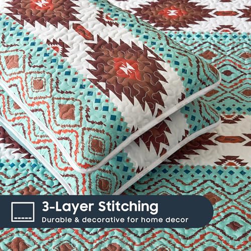 Wake In Cloud - Western Quilt Set, Southwestern Aztec Country Style with Rustic Ranch Vibe, Reversible Lightweight Bedspread Coverlet, 3 Pieces, Turquoise Brown, Twin/Twin XL Size Wake In Cloud