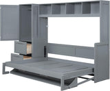 MERITLINE Queen Murphy Bed with Wardrobe Closet,2 Drawer,4 Storage Open Shelves,Wood Folding Murphy Wall Bed Cabinet (Grey) MERITLINE