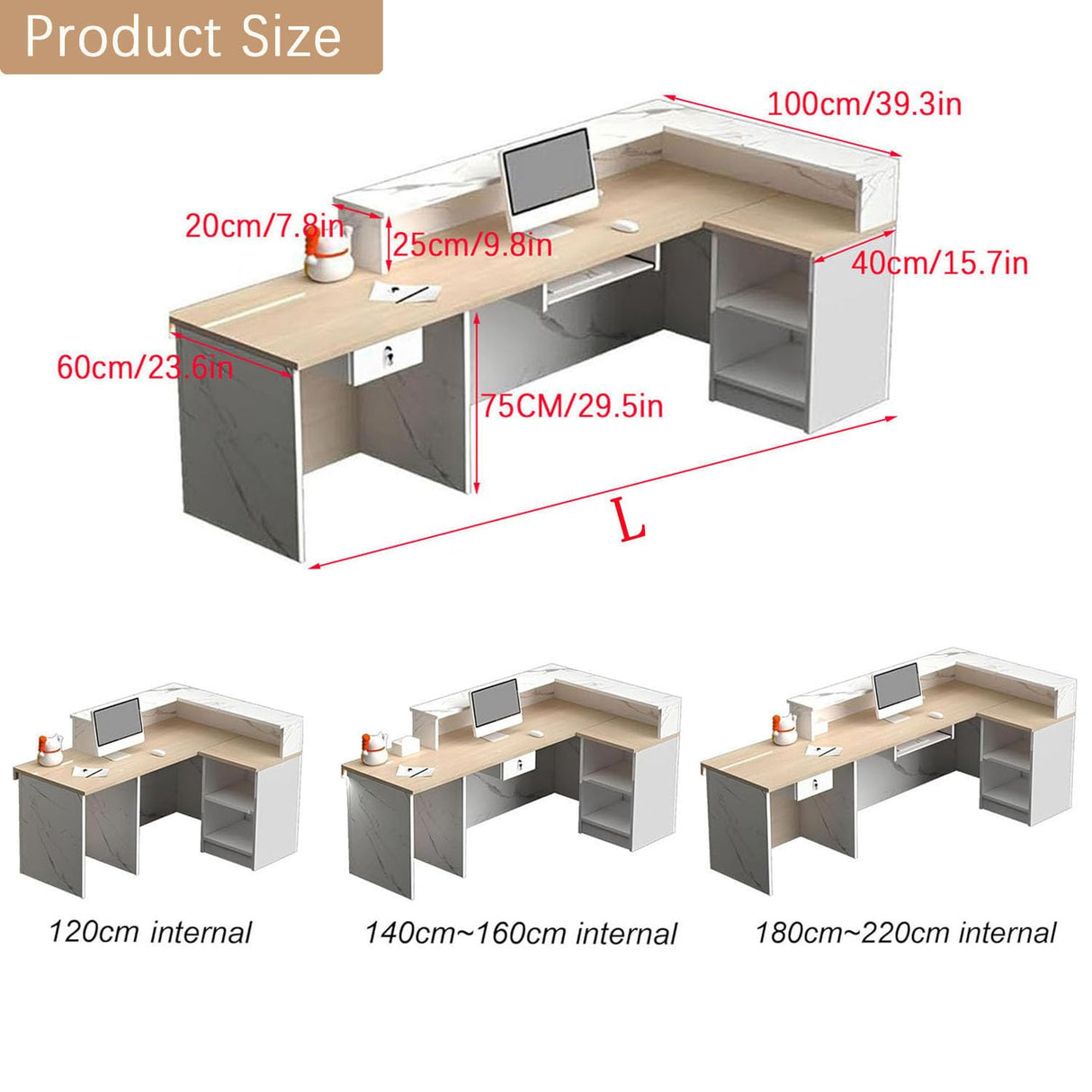 Front Desk Reception Counter，L Shaped Modern Reception Desk Commercial Checkout Counter with Lockable Drawer & LED Lights for Salon Office Lobby Barbershop Store Generic