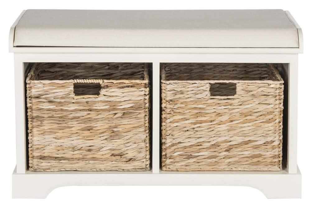 SAFAVIEH Home Collection Freddy Vintage White/ Wicker Basket 2-Drawer Storage Bench with Cushion (Fully Assembled) Safavieh