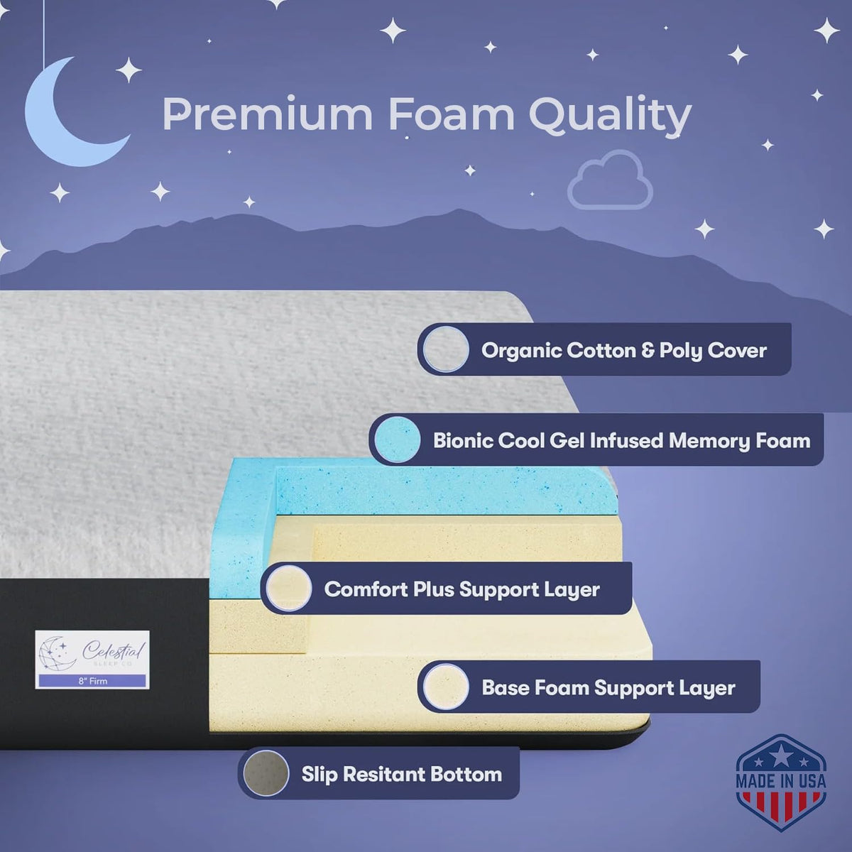 Celestial Sleep Gel Memory Foam Mattress in a Box, Made in The USA, CertiPUR-US Bed, 8 inch Firm - King Celestial Sleep