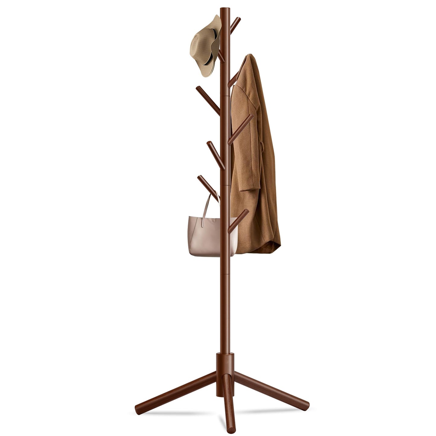 Unisakey Durable Wooden Coat Rack, Freestanding Coat Rack with Stable Triangular Base, 8 Hooks & 3 Adjustable Heights, Simple Assembly for Bedroom, Hallway, Office(New Brown)