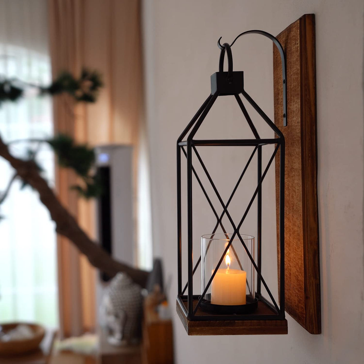 Homemory Wall Candle Sconce, Wood Rustic Candle Holder Decorative Candle Lantern with Glass Holder, Wall Decorations for Living Room, Dining Room Homemory