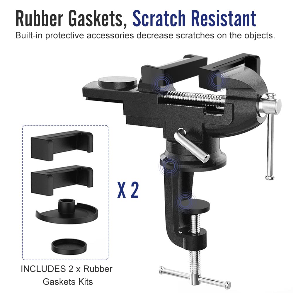 Housolution Universal Table Vise 3 Inch, 360°Swivel Base Bench Clamp Home Vise Clamp-On Vise Repair Tool Portable Work Bench Vise for Woodworking, Cutting Conduit, Drilling, Metalworking - Black Housolution