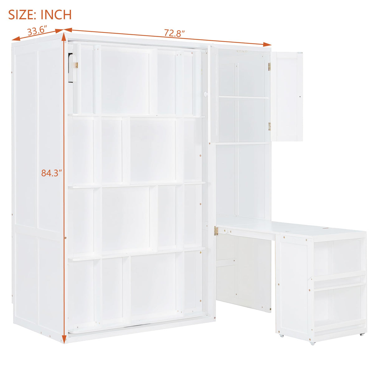 Merax Twin Size Rotating Wall Murphy Beds, Wood Folding Murphy Wall Bed with Bookshelf, Top Cabinet, Extendable Desk & Side Storage, White Merax