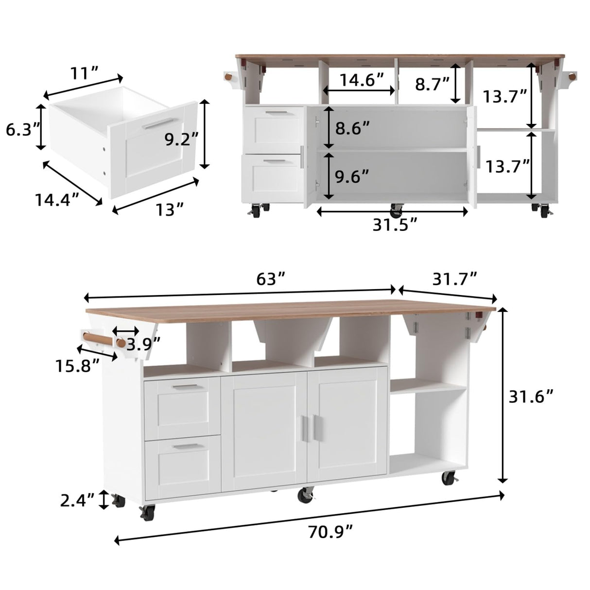 JOIKUJIA Rolling Kitchen Island Cart with Storage, Mobile Kitchen Island on Wheels with Drop Leaf & 2 Drawers, Adjustable Shelf, Towel Rack & Brown Tabletop, White, 70.9”W x 31.7”D x 31.6”H JOIKUJIA