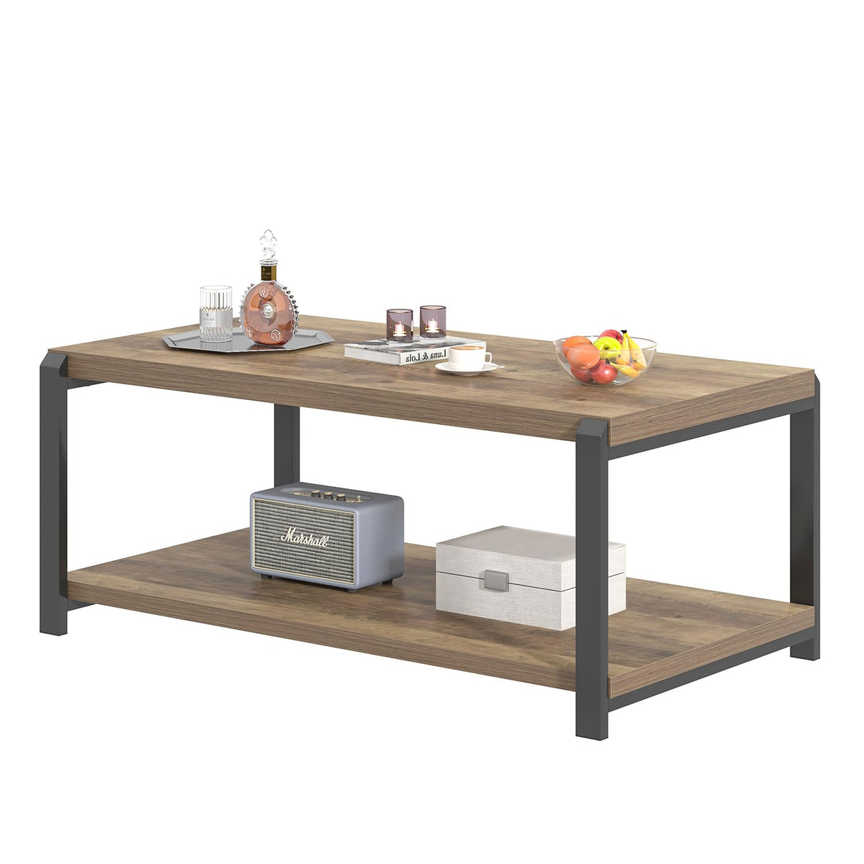 EXCEFUR Modern Coffee Table, Rustic Wood and Metal Center Table for Living Room, Industrial Rectangle Cocktail Tea Table with Storage, Oak EXCEFUR