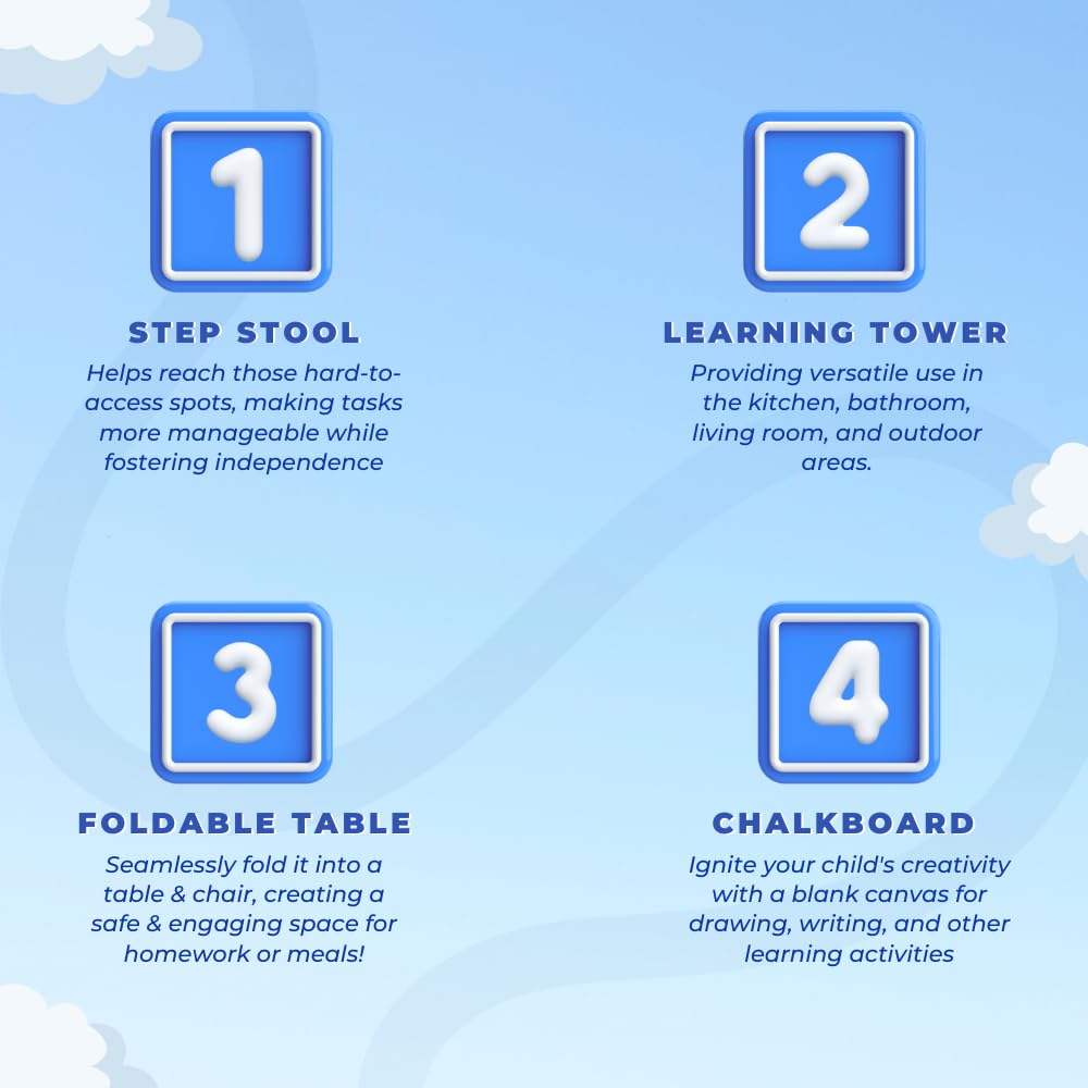 Montessori Mission 4-in-1 Foldable Learning Kitchen Tower, Stool with Chalkboard, Desk, Table & Chair, Montessori Kitchen Stool, Learning & Kitchen Tower for 1-6 Years Old Montessori Mission