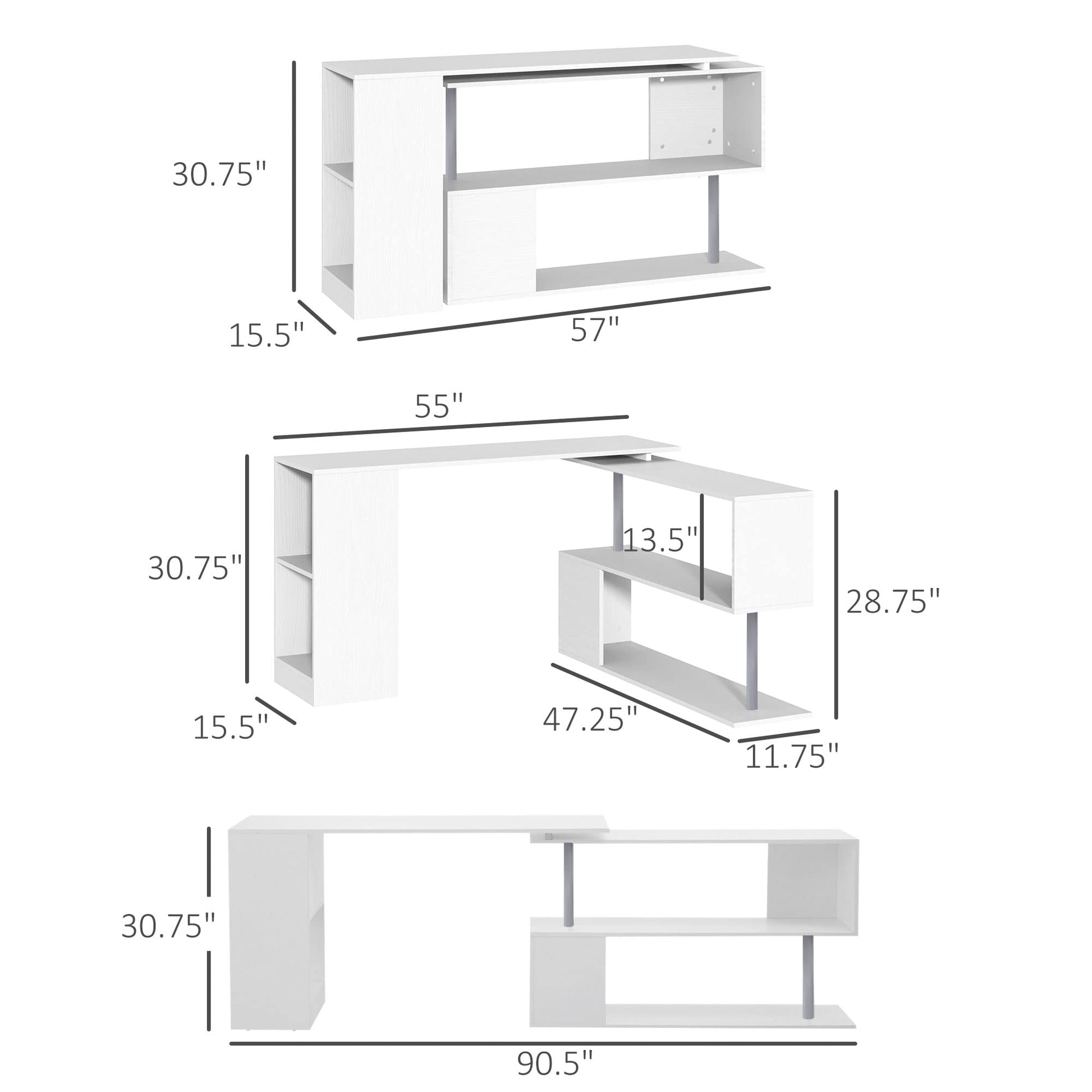 HOMCOM 55" Rotating L-Shaped Corner Desk with 3-Tier Storage Shelves in White - WoodArtSupply