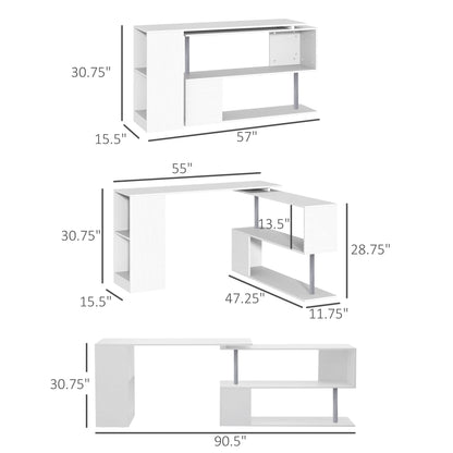 HOMCOM 55" Rotating L-Shaped Corner Desk with 3-Tier Storage Shelves in White - WoodArtSupply