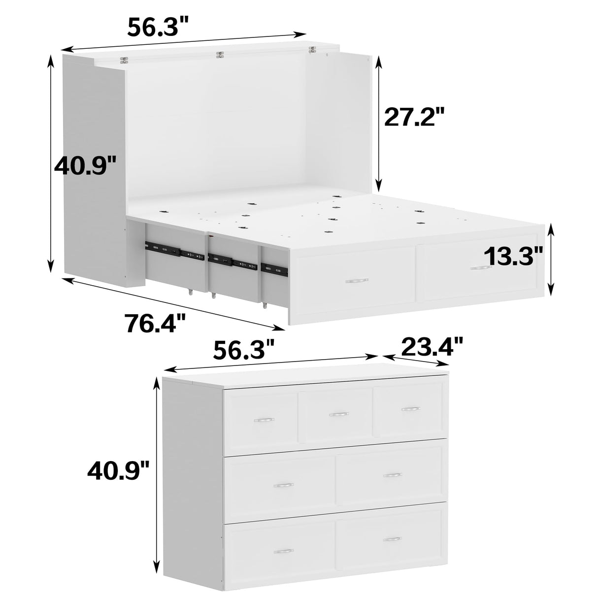 ECACAD Multi-Functional 2-in-1 Murphy Cabinet Bed, Full Size Bed Frame Murphy Bed Chest with Built-in Power Strip & 3 Drawers, Full Foldable Platform Bed, White ECACAD