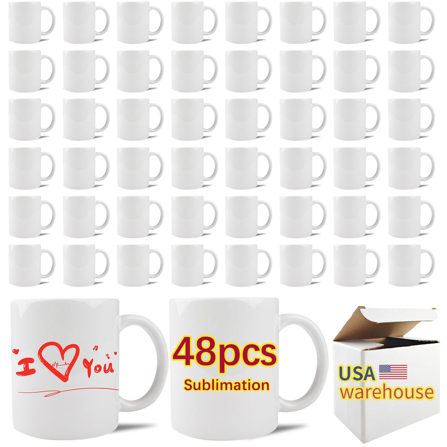 LaiHiulaan 48 PACK 11 oz sublimation mugs blank bulk products coffee cup with handle USA WAREHOUSE tazas para 11oz ounce sublimation coffee cups for sublimation mug blanks mugs with boxes