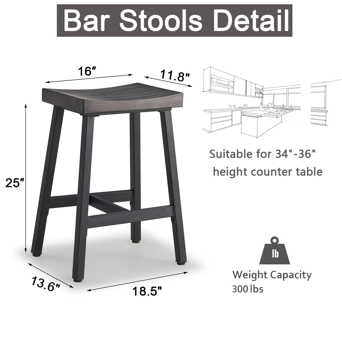 OUllUO Bar Stools, Saddle Seat Stool, 24 in Counter Height Stools, Grey Solid Wood Counter Stools with Metal Base, Backless Stools for Kitchen Counter, Island, Home Bar,Restaurant,521P-BGWD1
