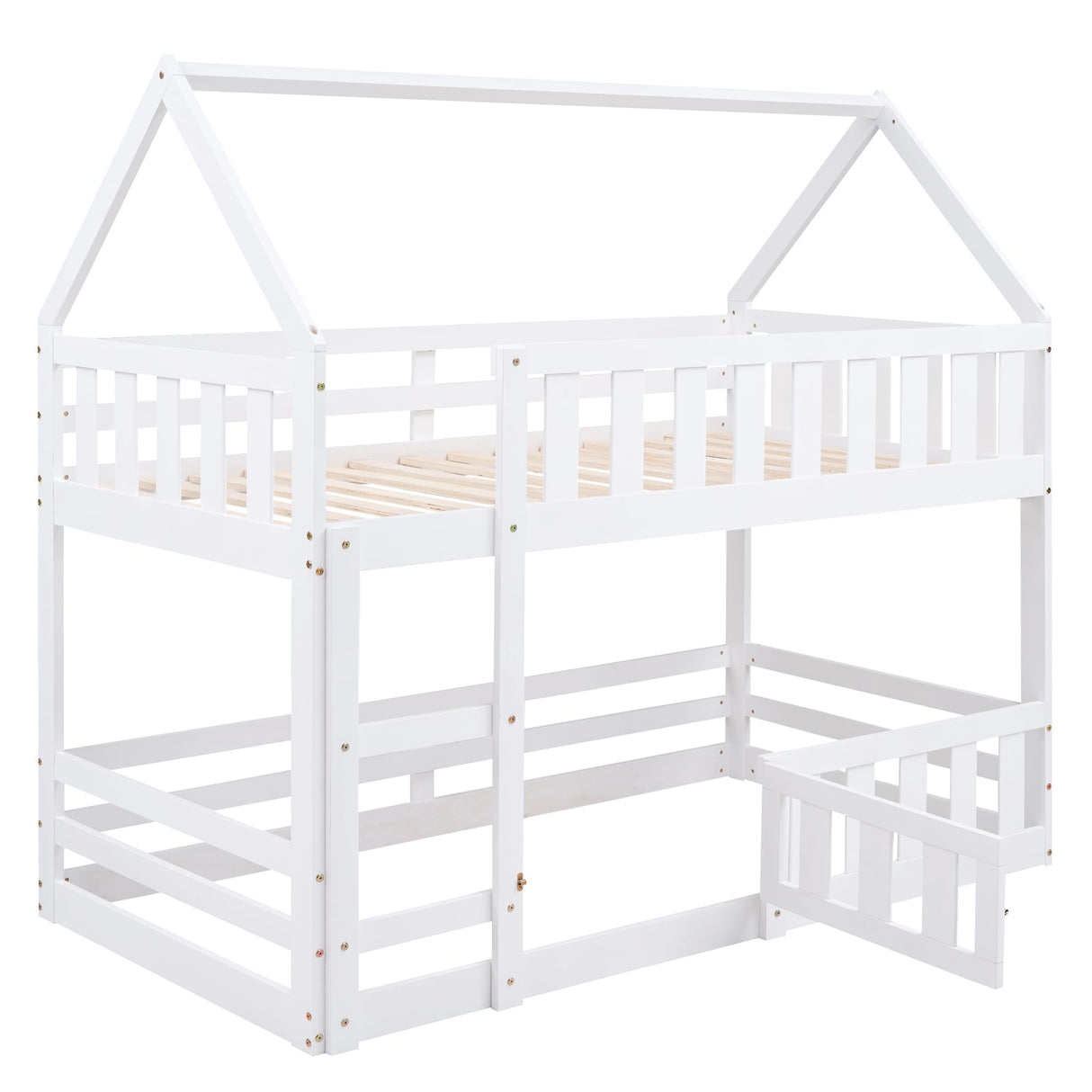 LOSTCAT Twin Over Twin House Bunk Bed with Fence & Door - Montessori Floor Bed for Kids in White LOSTCAT