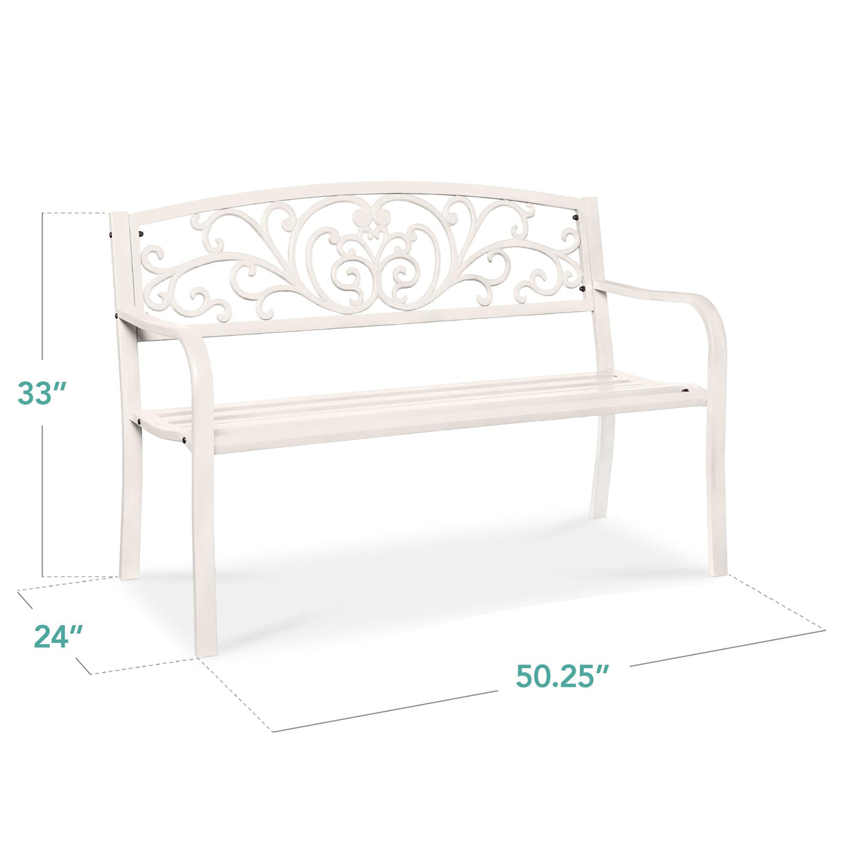 Best Choice Products Outdoor Bench Steel Garden Patio Porch Furniture for Lawn, Park, Deck w/Floral Design Backrest, Slatted Seat - White Best Choice Products