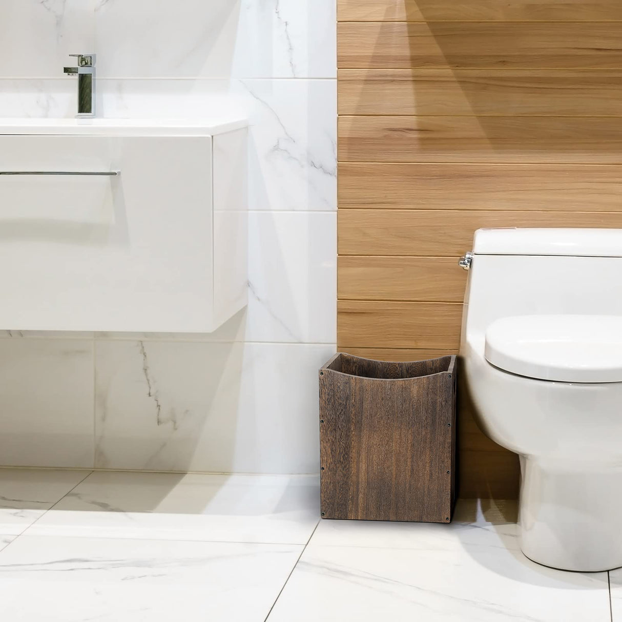 Wood Trash Can 5.3 Gallon Office Wastebasket Farmhouse Rectangular Garbage Can with Built-in Handles Small Trash Can for Bedroom Office Kitchen Bathroom Under Desk Large Storage Vrisa