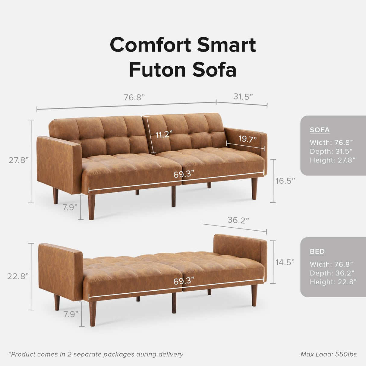 mopio Aaron Couch, Small Sofa, Futon, Sofa Bed, Sleeper Sofa, Loveseat, Mid Century Modern Futon Couch, Sofa Cama, Couches for Living Room, Bedroom (Pecan Brown, Faux Leather) mopio