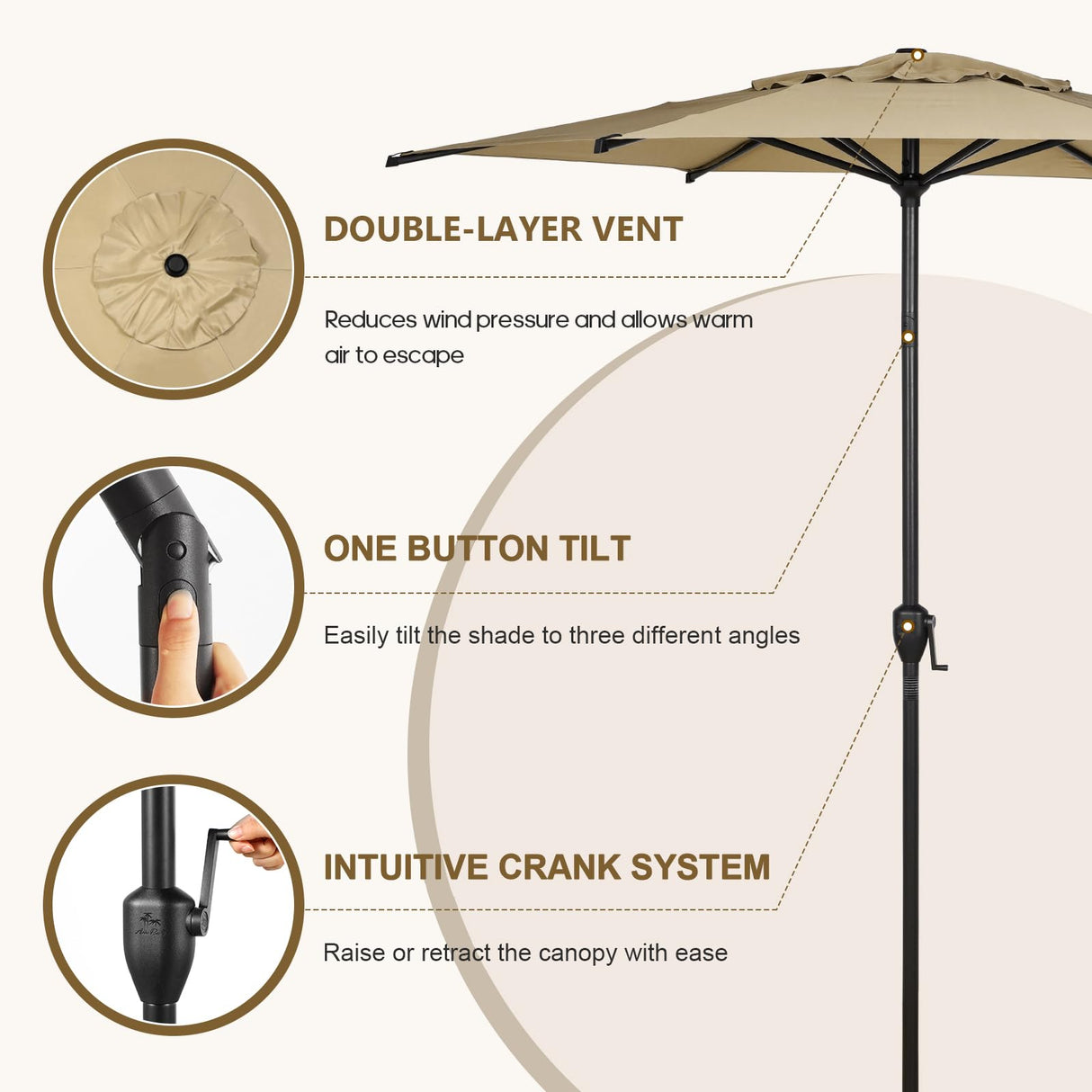 Abba Patio 7.5FT Lyon Outdoor Patio Umbrella Outdoor Table Umbrella with Push Button Tilt and Crank Market Umbrella 6 Sturdy Ribs UV Protection Waterproof for Garden Deck Backyard Pool Tan Abba Patio