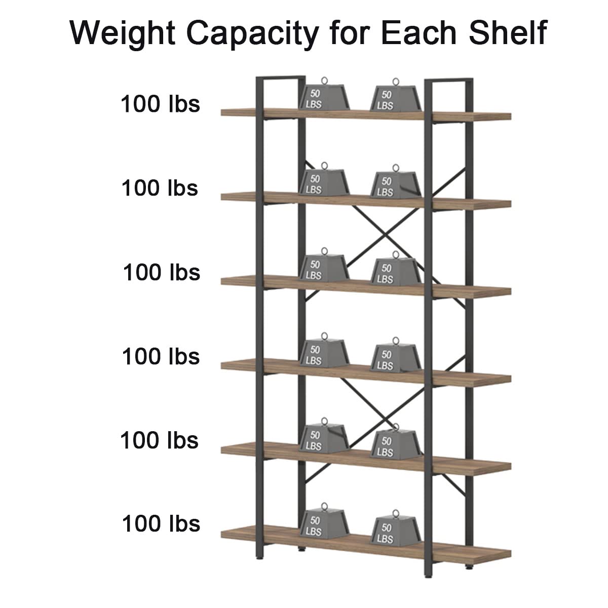 HSH Rustic Oak 6-Tier Tall Bookcase & Storage Rack with Metal Frame - WoodArtSupply