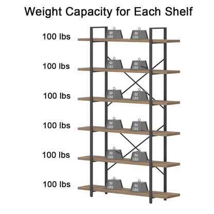 HSH Rustic Oak 6-Tier Tall Bookcase & Storage Rack with Metal Frame - WoodArtSupply