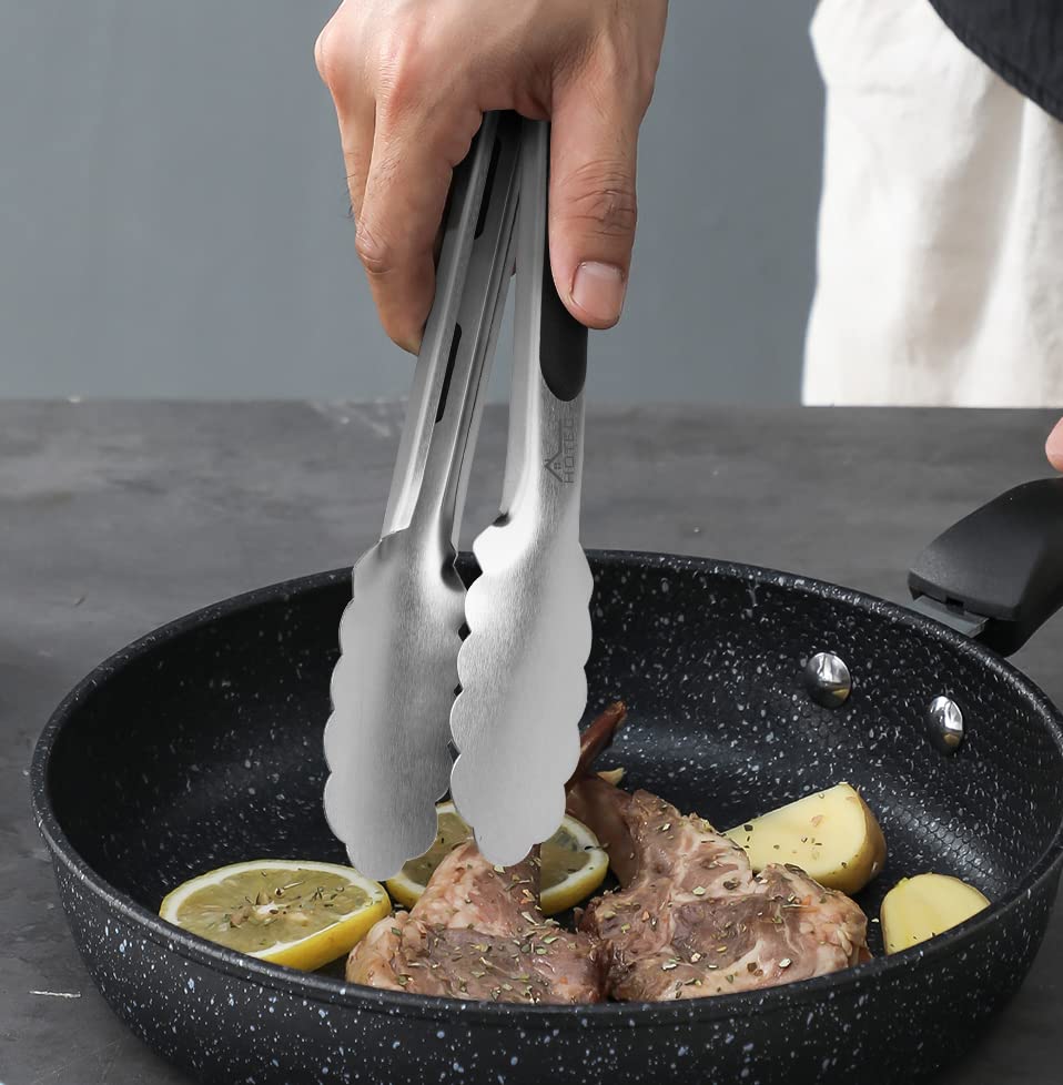 Hotec Stainless Steel Kitchen Tongs Set of 2 - 9" and 12", Locking Metal Food Tongs Non-Slip Grip HOTEC