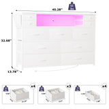 DRAWERHOM Dresser TV Stand with Power Outlets and LED Lights for 55'' TV, 11 Drawers Dresser with Side Pocket, Fabric Chest of Drawers with PU Finish, Sturdy Frame & Wood Top (White) DRAWERHOM