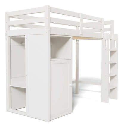 Merax Twin Loft Bed with Storage Cabinet, Shelves, and Open Wardrobe in White - WoodArtSupply