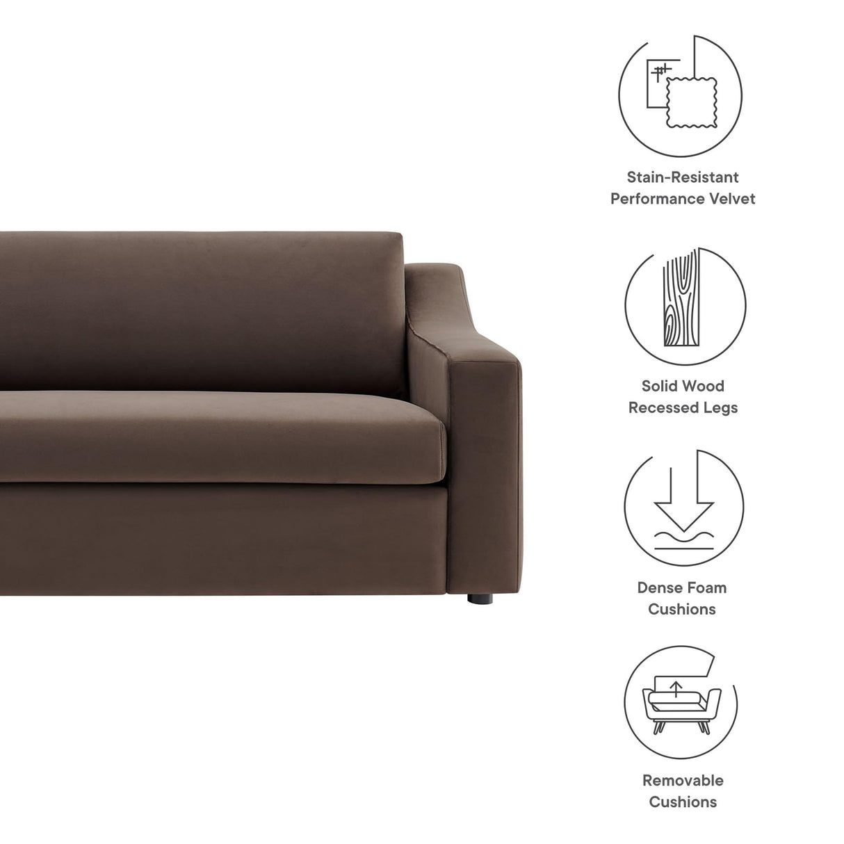 Modway Liora 87 Inch Stain-Resistant Performance Velvet Sofa in Chocolate Brown - 3 Seater Upholstered Sofa Couch for Living Room Seating - Comfy Deep Seat Sofa with Scoop Arms Modway